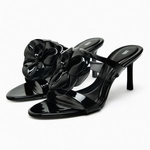 NWT Zara Woman FLORAL HIGH HEELED SANDALS Heels Shoes Black Faux Patent Size 8